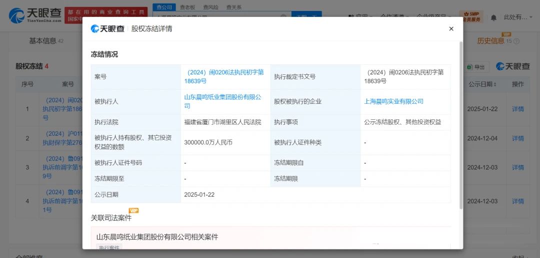 晨鳴紙業(yè)被凍結30億股權
